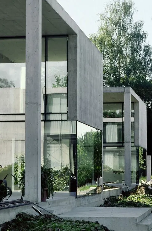 Brutalist concrete villa glass facade, brutalist, minimal, light