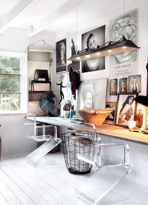 Bright eclectic creative studio interior, minimal, light-mode, light