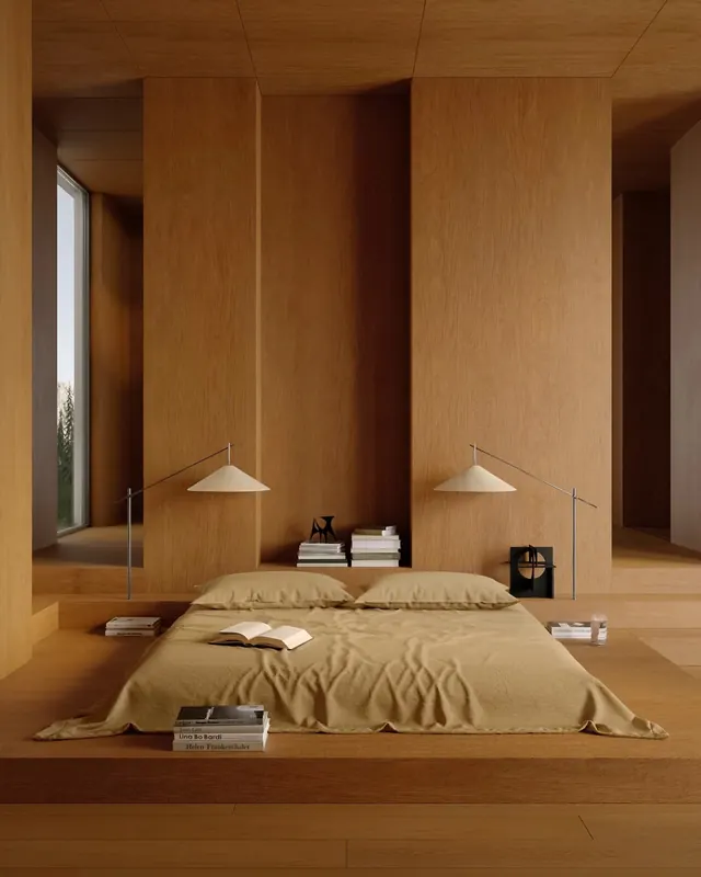 Minimalist all-wood bedroom platform, minimal, organic, warm