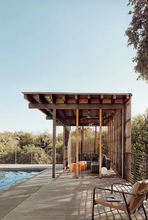 Minimalist poolside wooden pavilion, minimal, light