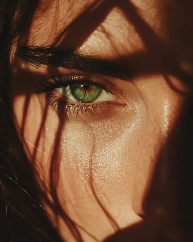 Extreme close-up of green eye with striped shadows, photographic, editorial, warm
