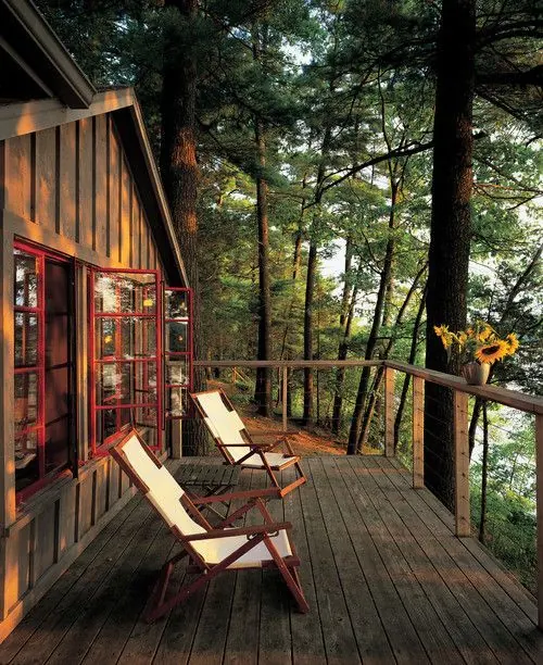 Modern Cabin Deck with Forest View