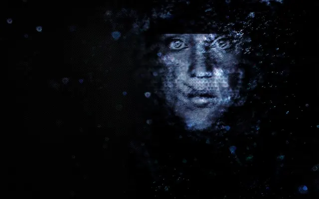 Halftone blue portrait, dark-mode, photographic, dark
