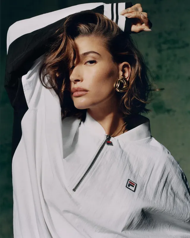 Hailey Bieber in FILA half-zip jacket portrait, photographic, editorial, light