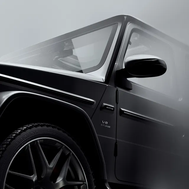 Close-up detail of black Mercedes G-Wagon AMG, photographic, minimal, dark
