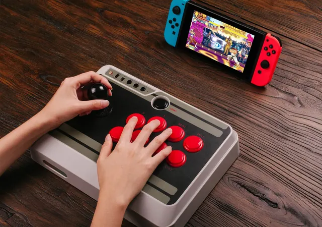 Hands on retro arcade controller with Nintendo Switch, photographic, minimal, warm