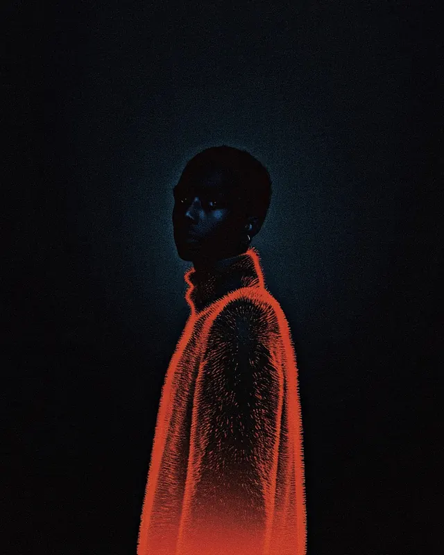 Dramatic fashion portrait in glowing orange coat, photographic, minimalist, dark