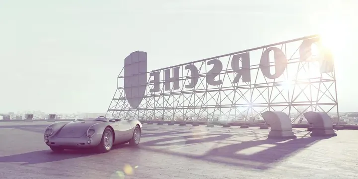 Vintage Porsche on rooftop with Porsche sign, minimal, photographic, light