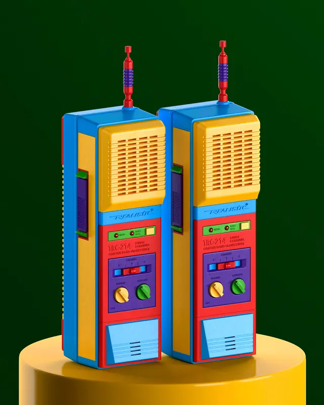 Colorful 80s Realistic walkie-talkies product shot, photographic, retro, vibrant