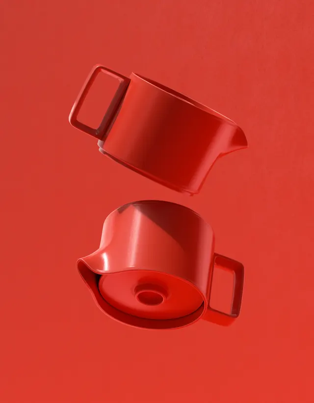 Floating red ceramic pitchers, photographic, minimal, vibrant