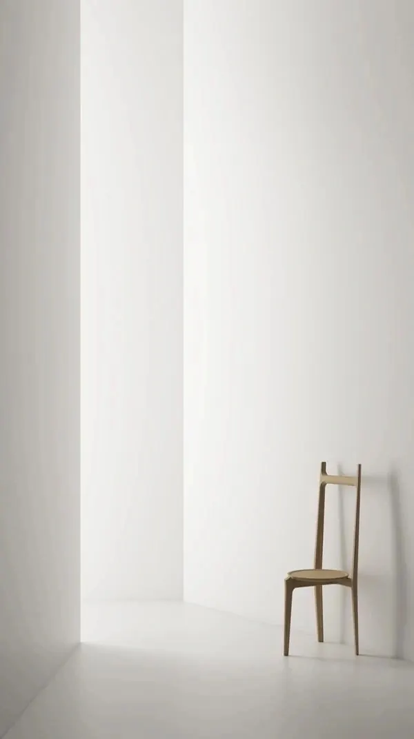 Minimal wooden chair in bright white corner, minimal, photographic, light