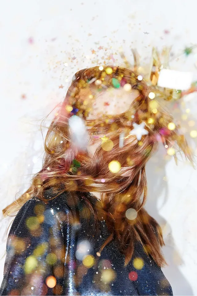 Confetti Explosion on Hair and Sequin Jacket, photographic, playful, light