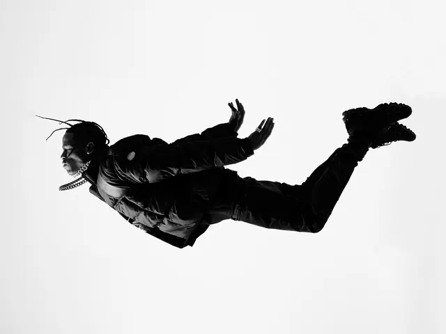 Travis Scott Mid-Air Portrait, photographic, minimal, monochrome