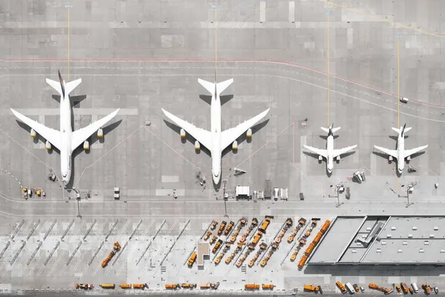 Aerial Airport Tarmac with Parked Airplanes, photographic, minimal, light
