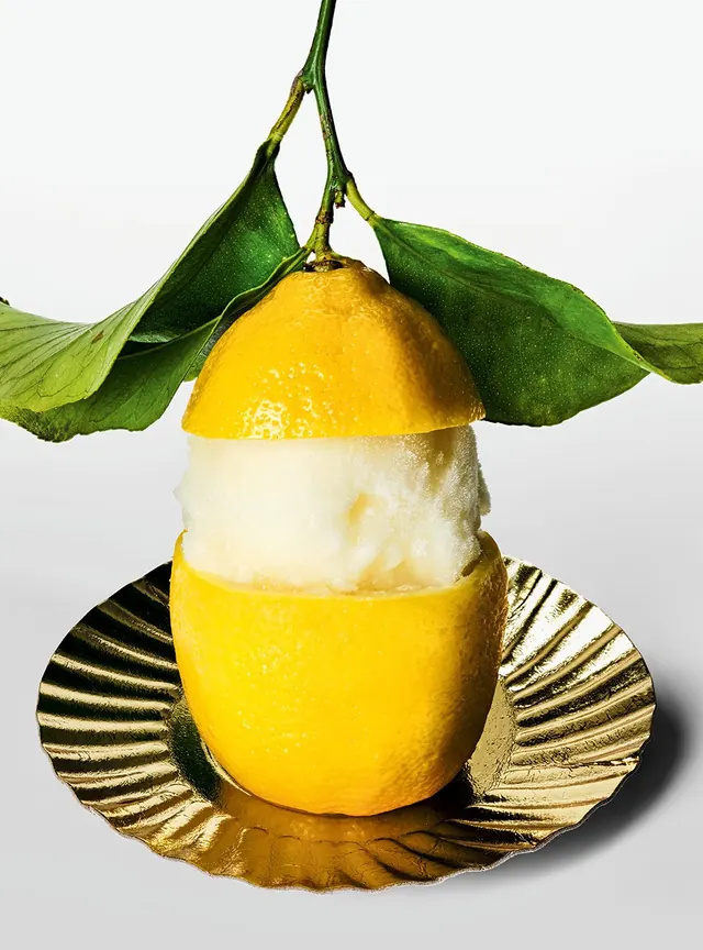 Cut Lemon with Ice Cream on Gold Plate, photographic, minimal, light