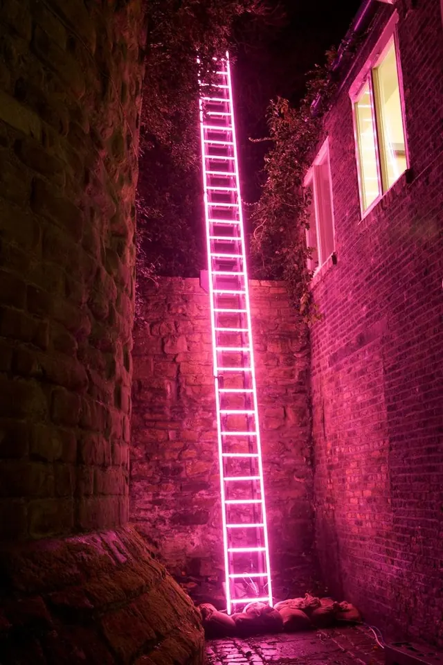 Pink Neon Ladder in Stone Alley