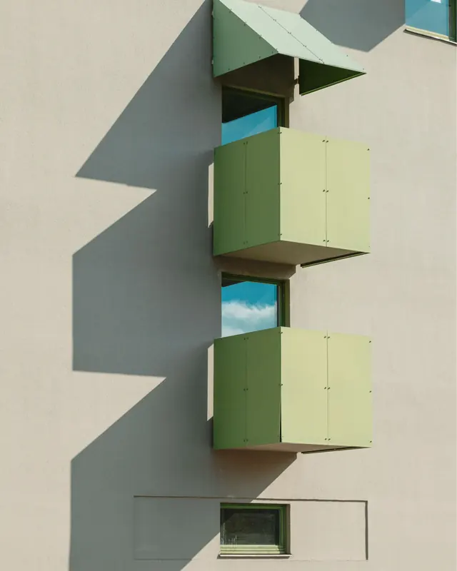 Stacked modular architectural facade, minimal, geometric, dark