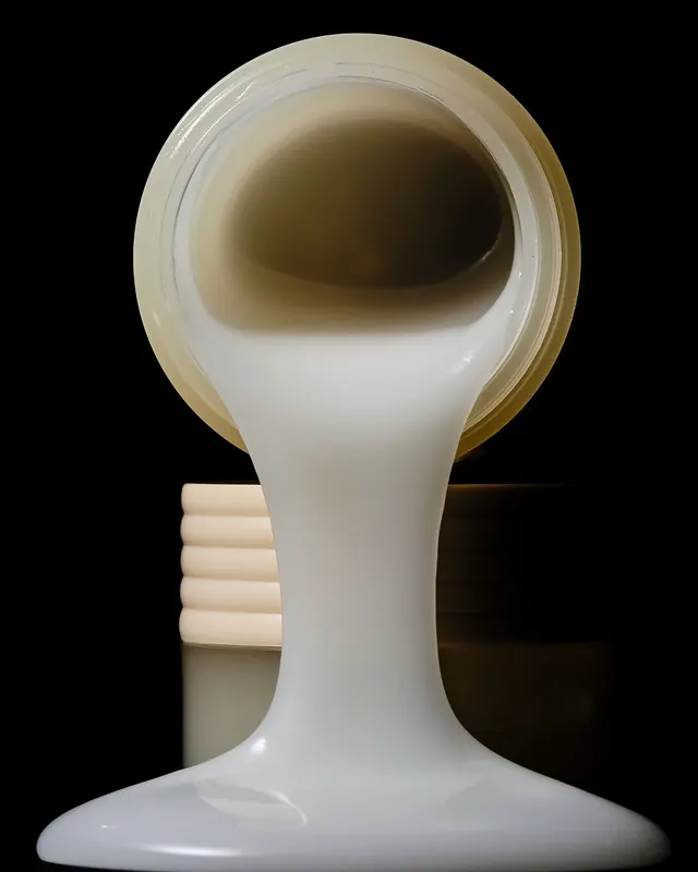 White cream pouring from container, minimal, photographic, dark
