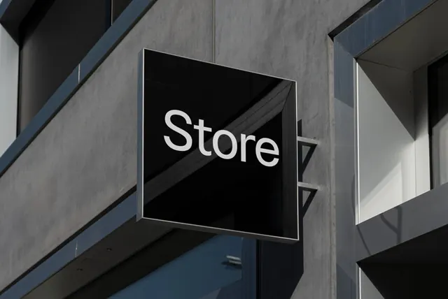 Minimalist black Store sign on concrete building facade, minimal, swiss, monochrome