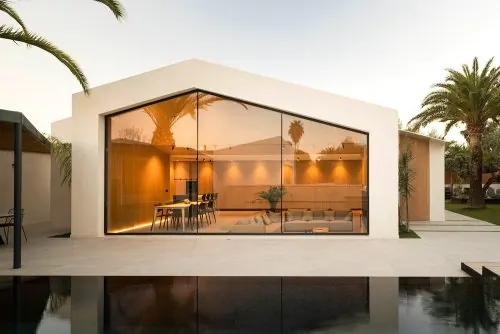 Minimalist white villa with reflective pool, minimal, light-mode, light