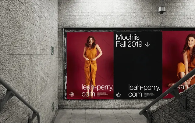 Leah Perry fashion billboard in subway, minimal, editorial, vibrant