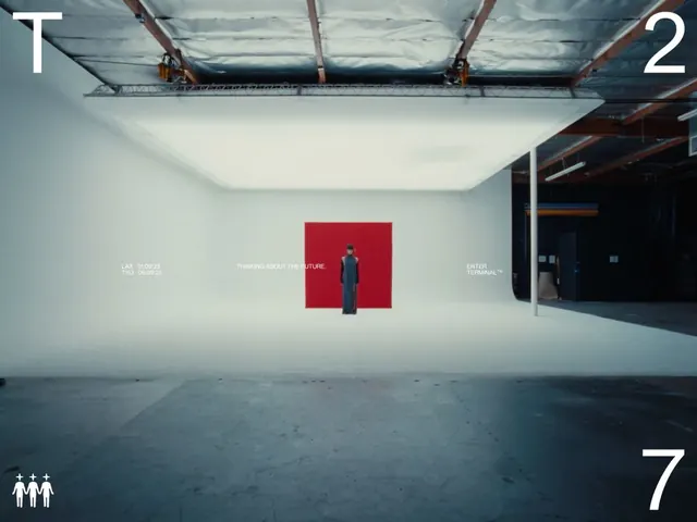 Minimalist white gallery with red panel and solitary figure, minimal, light-mode, light