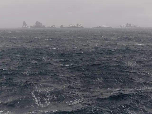 Stormy ocean with foggy islands, photographic, monochrome, dark