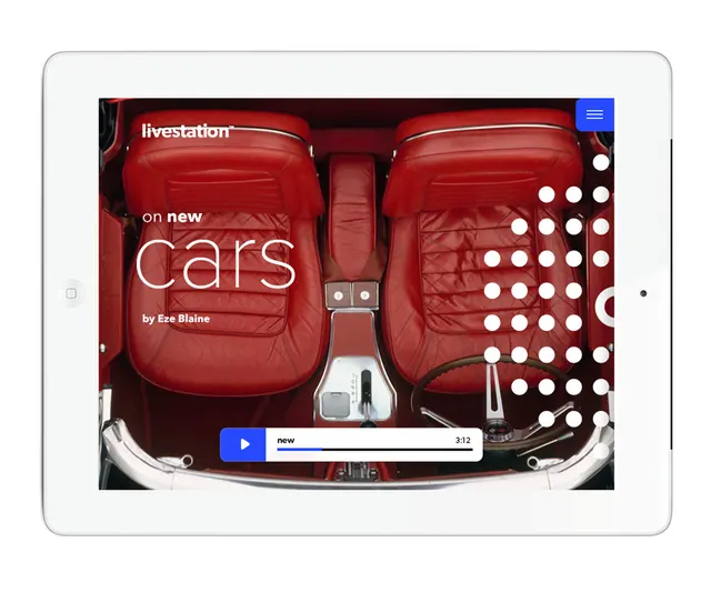 Livestation car interior hero on tablet, photographic, gradient-heavy, dark