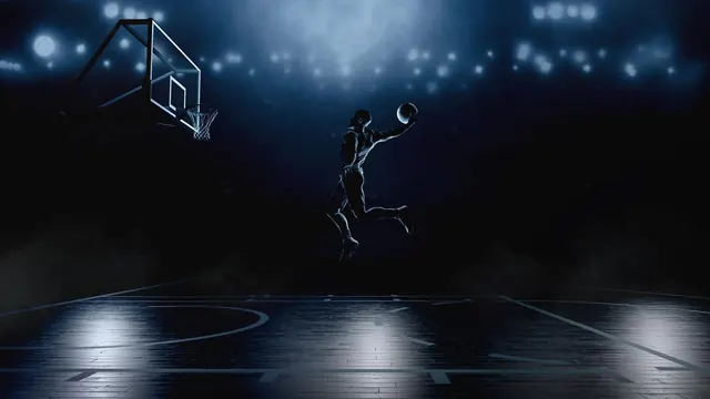 Silhouetted basketball player dunking under spotlights, photographic, dramatic, dark