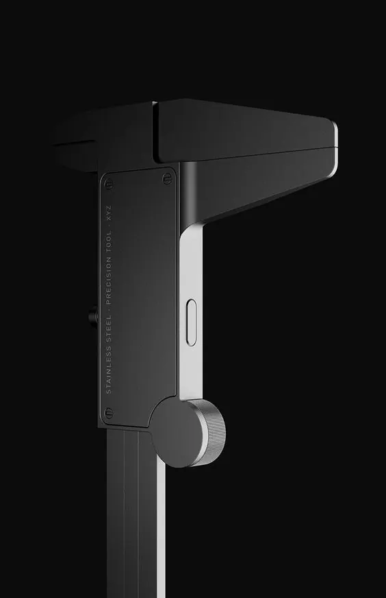 Close-up of black precision digital caliper tool, minimal, technical, monochrome