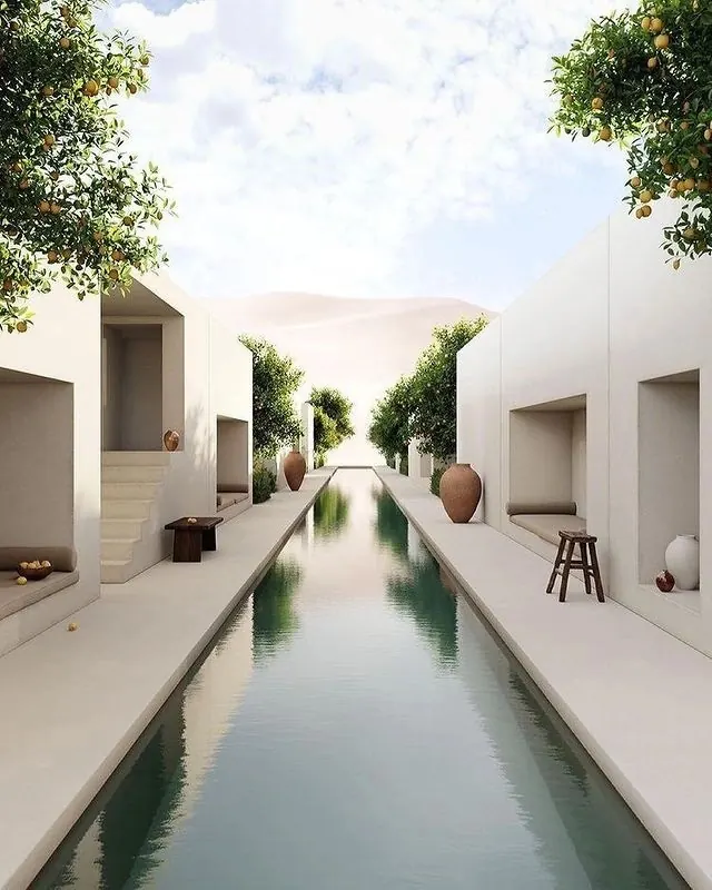 Minimalist white courtyard with long reflecting pool and lemon trees, minimal, organic, light