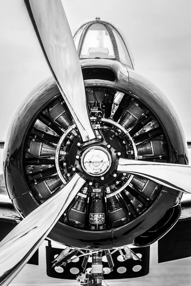 Radial aircraft engine close-up, photographic, technical, monochrome