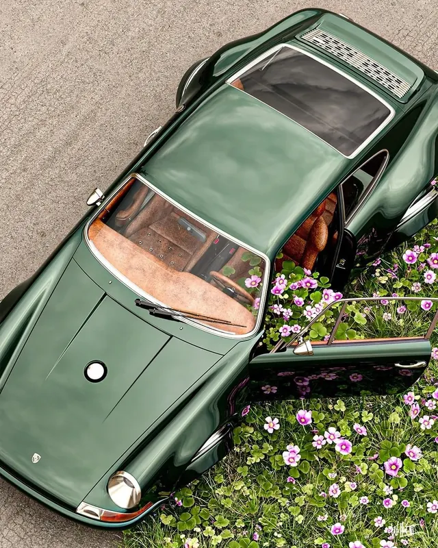 Vintage Green Car in Flowers