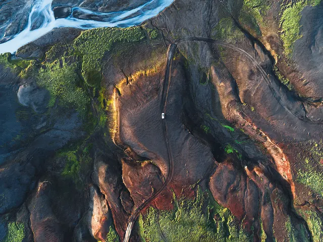 Aerial Icelandic volcanic landscape, photographic, minimal, dark