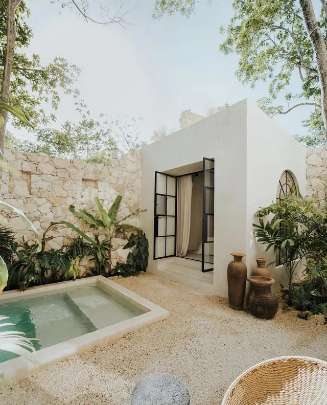 Mediterranean courtyard with plunge pool, minimal, organic, light