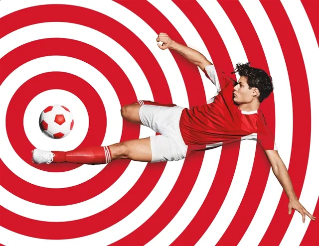 Soccer player in red concentric graphic, bold, energetic, vibrant