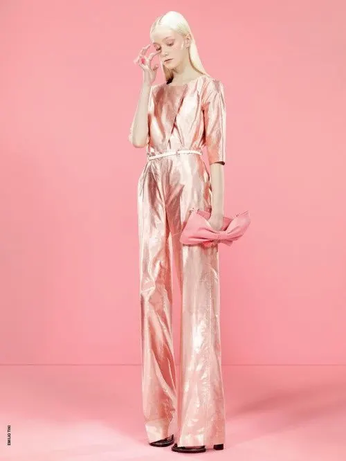 Model in metallic pink jumpsuit, photographic, editorial, light