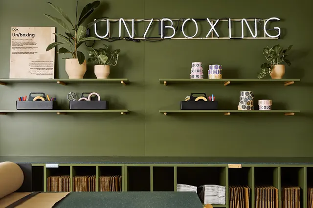 Posti Box shelving display, boxed, minimal, earthy
