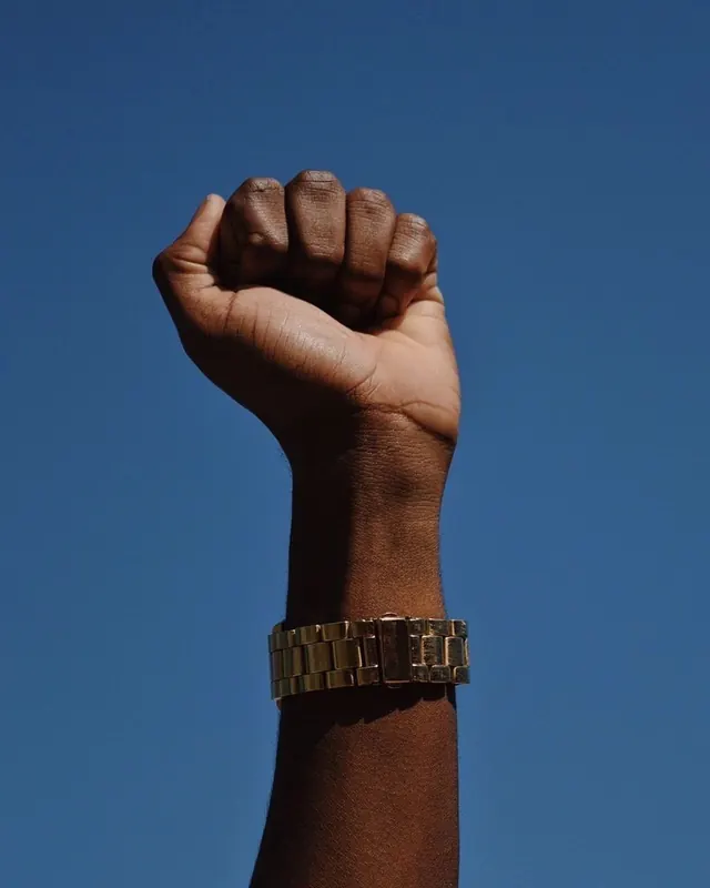 Raised fist with gold watch, photographic, dark