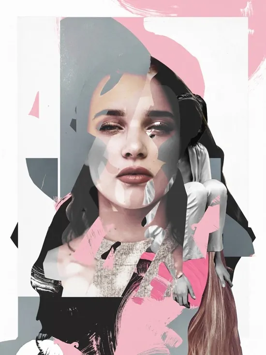 Geometric fragmented portrait collage, photographic, geometric, monochrome