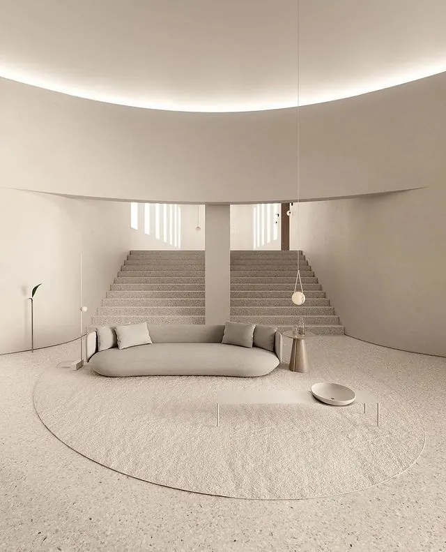 Minimal curved white interior with stairs, minimal, photographic, light
