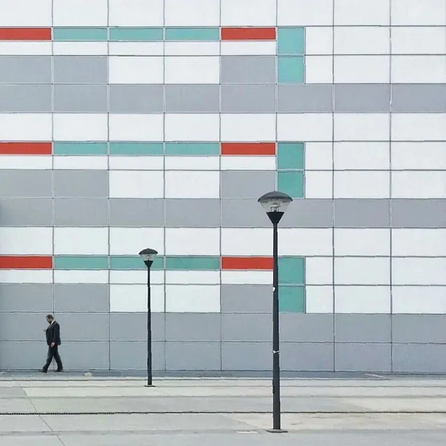 Color grid facade with lampposts, photographic, geometric, light