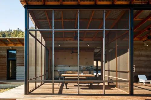 Screened porch outdoor kitchen, minimal, photographic, light