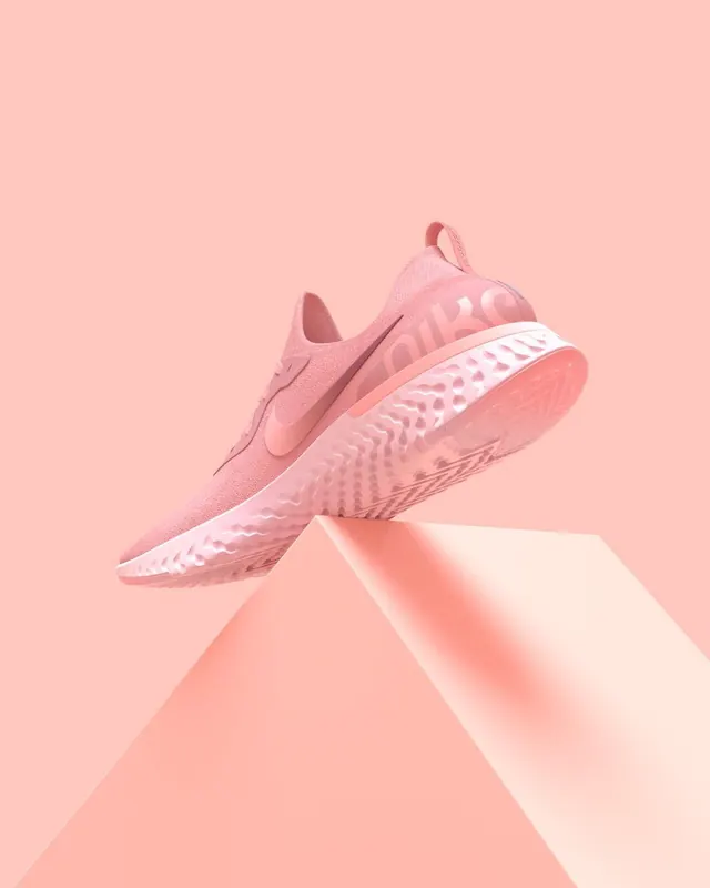 Monochrome pink Nike Epic React product shot, minimal, photographic, pastel
