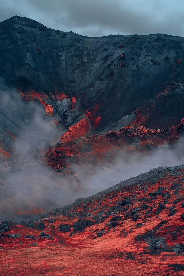 Volcanic red moss landscape with steam, photographic, organic, dark