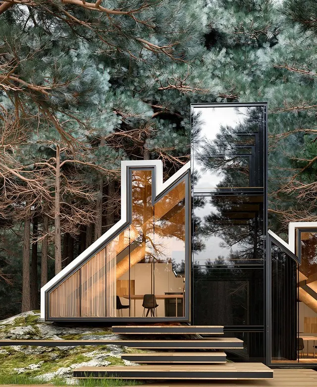 Angular glass cabin in pine forest, minimal, photographic, muted