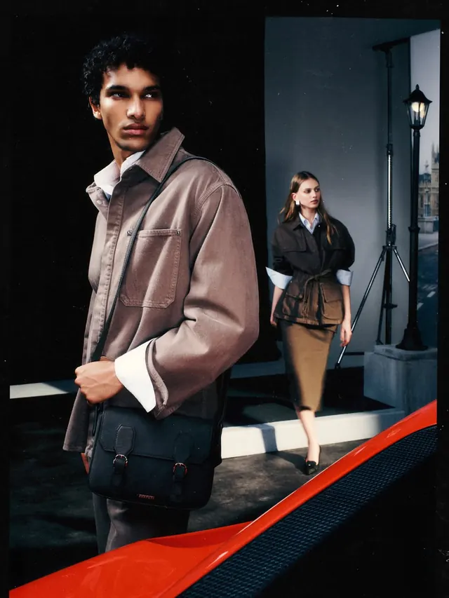 Ferrari fashion editorial with red car, editorial, photographic, muted
