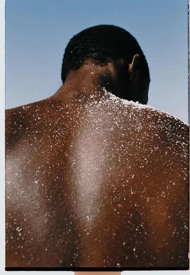 Salt-dusted back portrait, editorial, photographic, cool