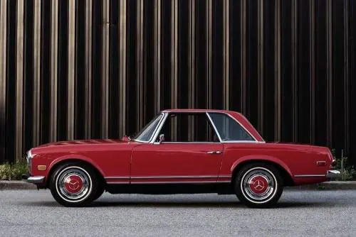 Red Mercedes Pagoda side profile, photographic, luxury, vibrant