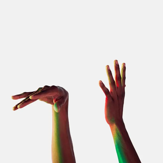 Neon-lit reaching arms study, editorial, photographic, monochrome